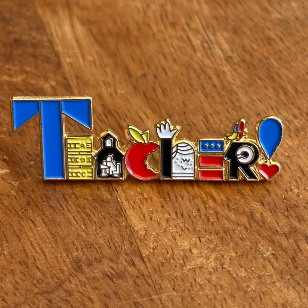 Vintage Colorful Enamel Teacher Gold Tone Lapel Pin Brooch Teacher Gift